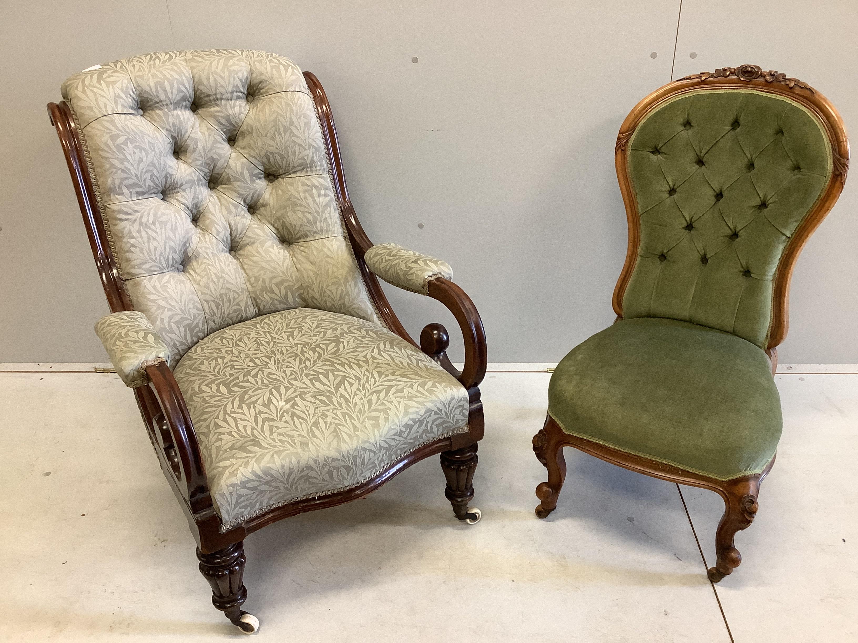 A Victorian mahogany open armchair, width 68cm, depth 88cm, height 94cm, together with a Victorian mahogany spoon back nursing chair (2)